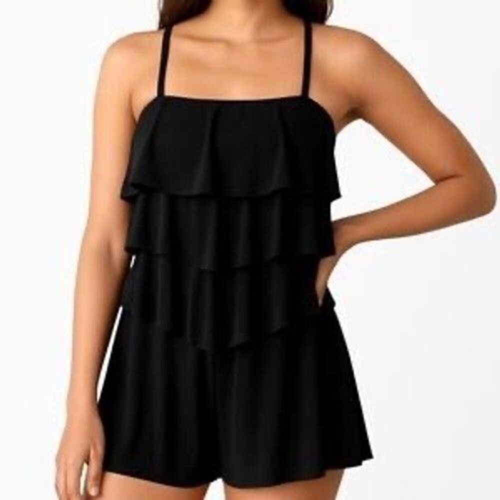 Fit 4U "Ur Hips" Swim Dress‎ Black Womens 20W Tiered Mesh Ruffle Romper NEW